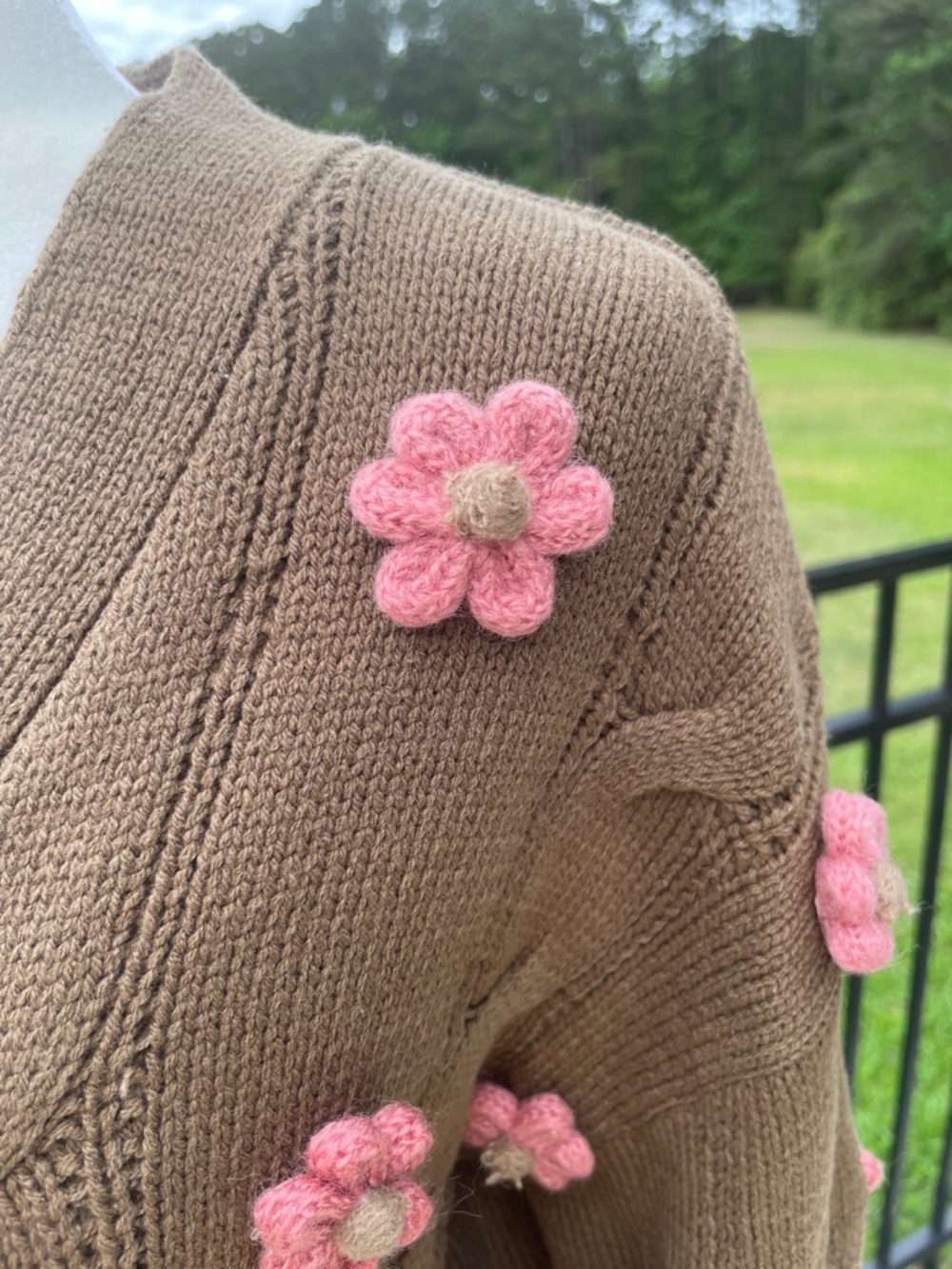 Storia Brown Cable Knit Cardigan with Pink 3D Embroidered Flower Accents - Picture 4 of 11